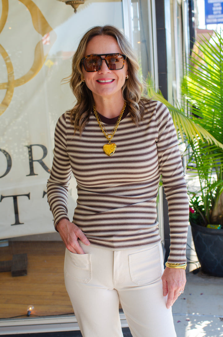 Retro Stripe Fitted Long Sleeve Top in Brown Mix
