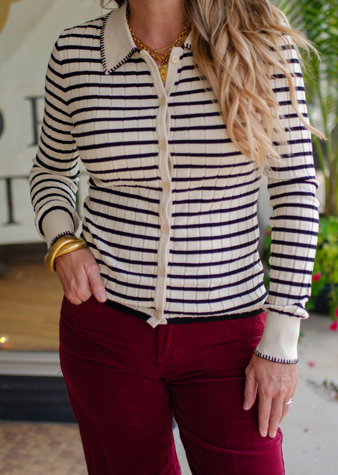 Perfectly Poised Contrast Button Down Collared Sweater Top in Beige