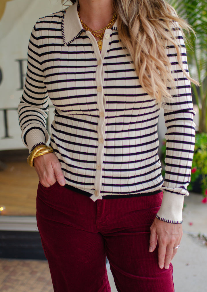 Perfectly Poised Contrast Button Down Collared Sweater Top in Beige
