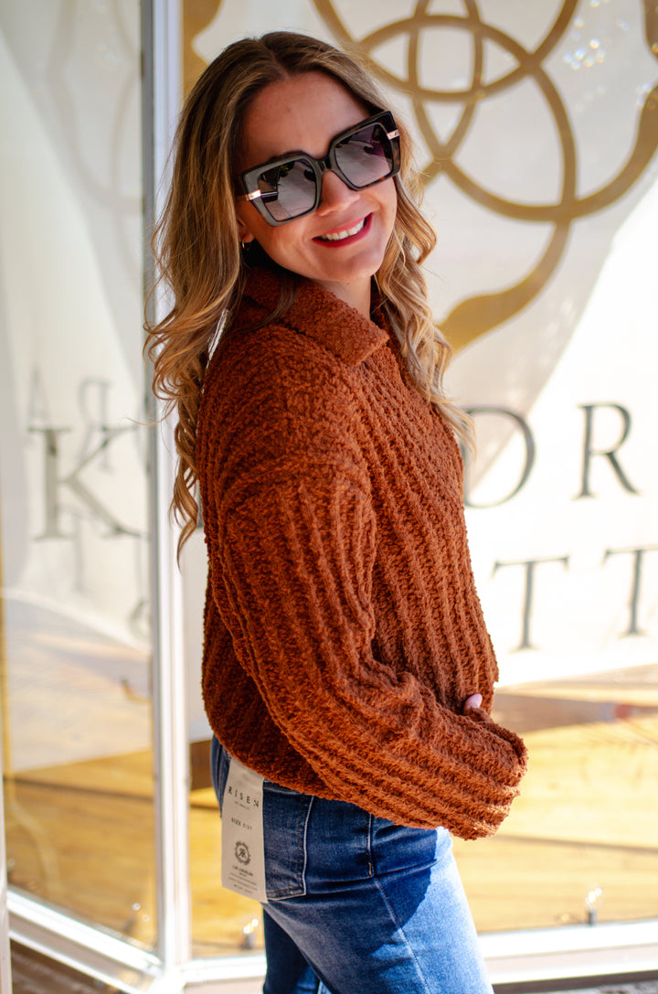 Autumn Chic Collared V-Neck Long Sleeve Soft Knit Sweater in Chestnut