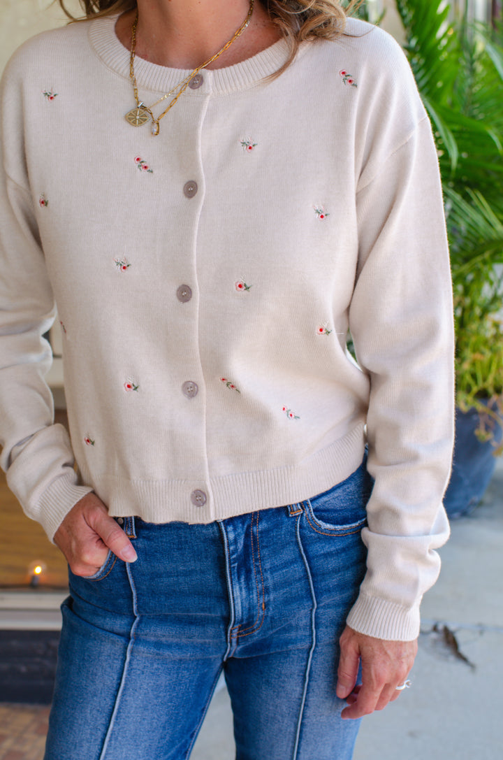 Sweet Symphony Floral Embroidered Cardigan in Cream