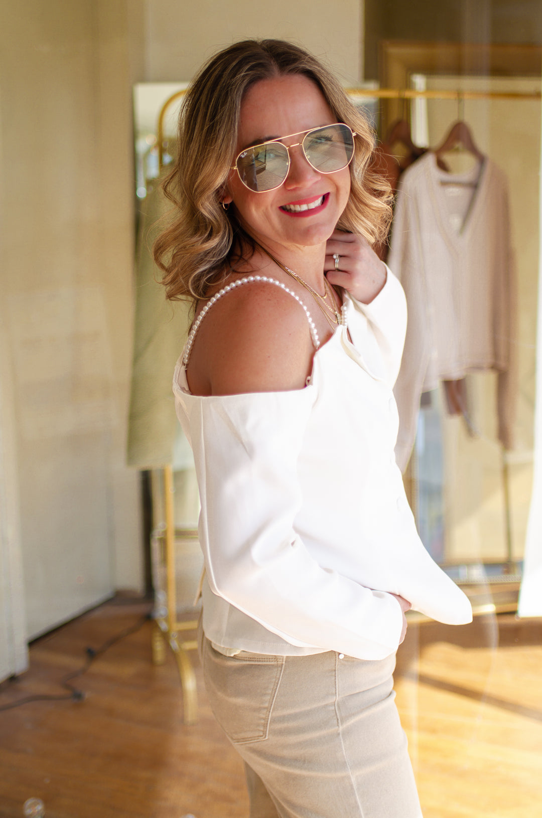 Strand of Pearls Button Down Off The Shoulder Top in White