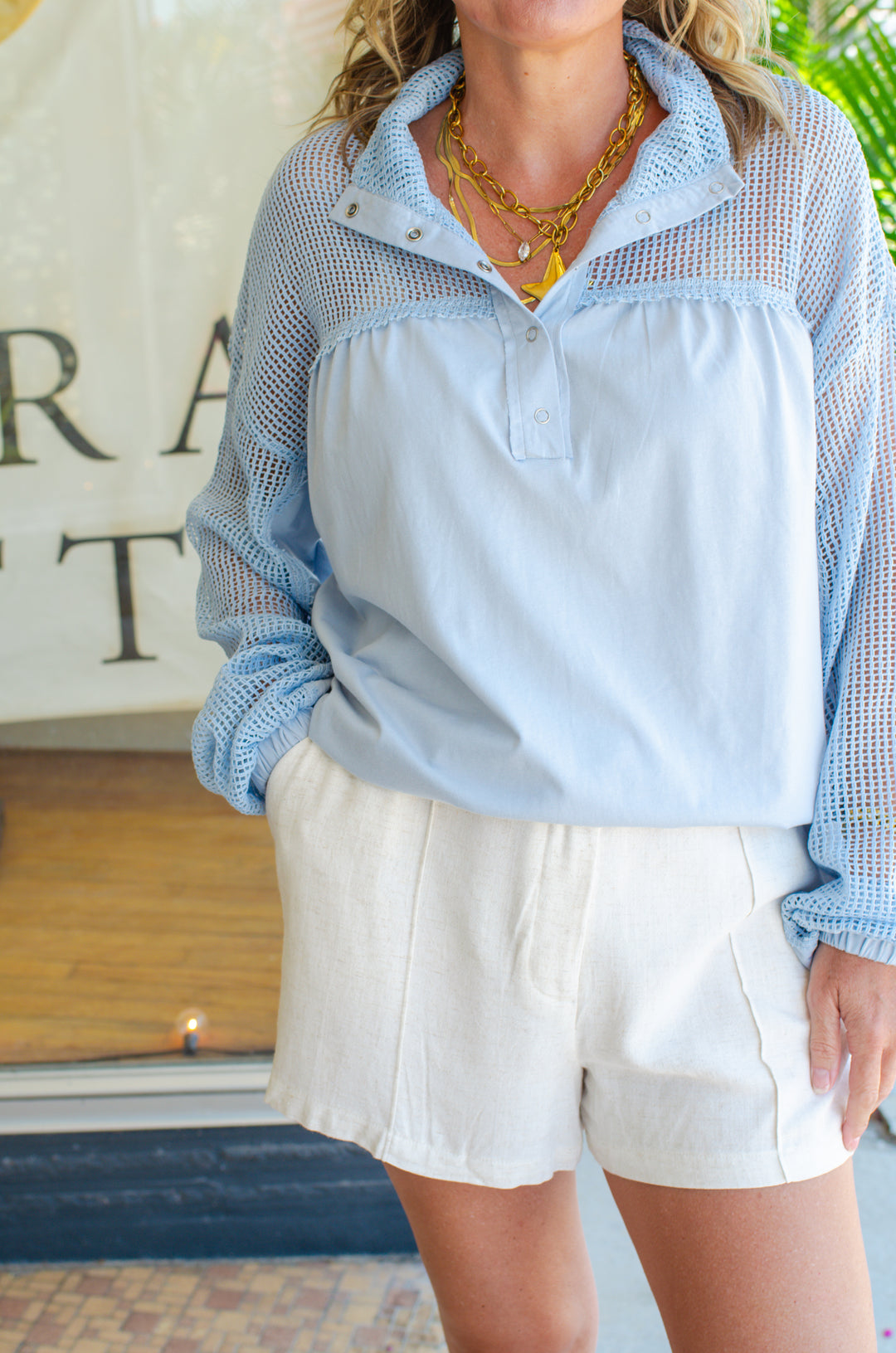 Breezy Summer Mesh Sleeve Collared Top in Blue