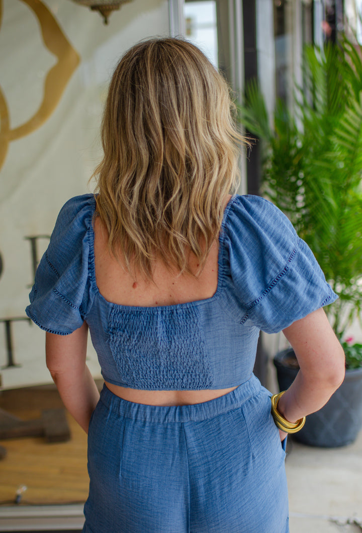 Day Date Cropped Bubble Sleeve Chambray Top