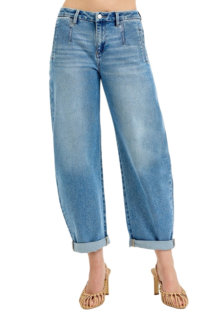 Risen Slouchy Barrel Rolled Up Jeans in Medium Wash
