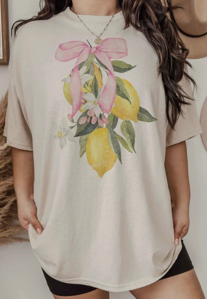 Lemon with Pink Bow Oversized Graphic Tee In Ivory