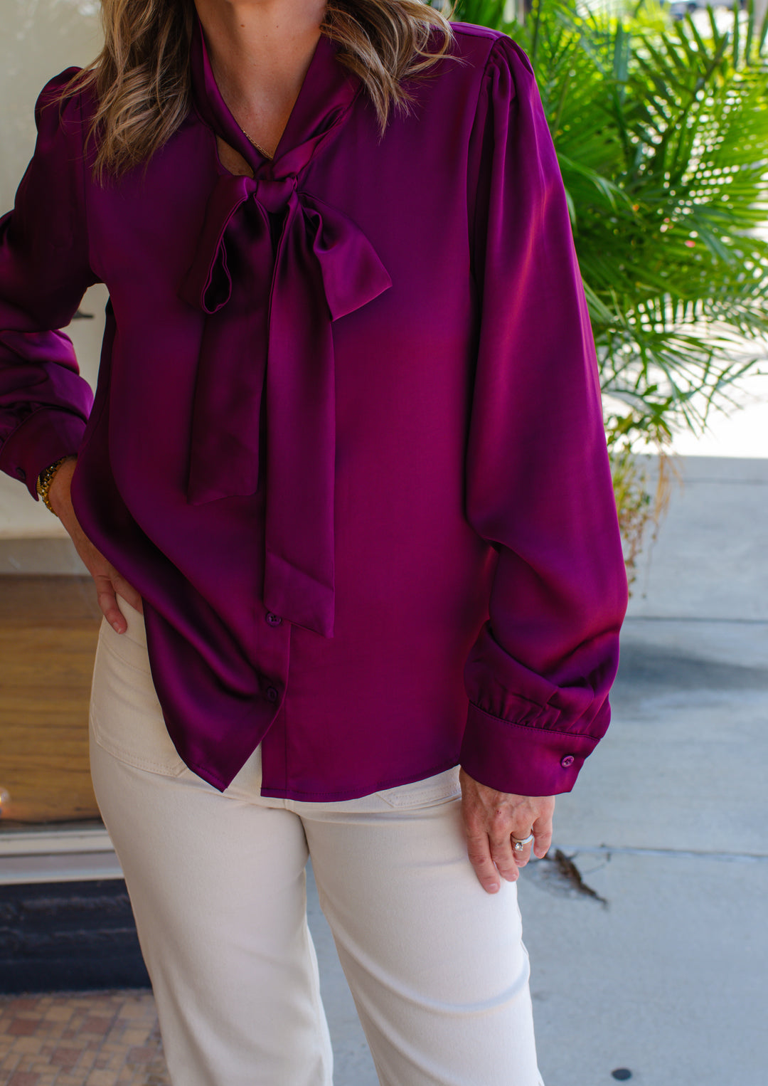 Your My Beau Tie Front Silky Long Sleeve Top in Eggplant