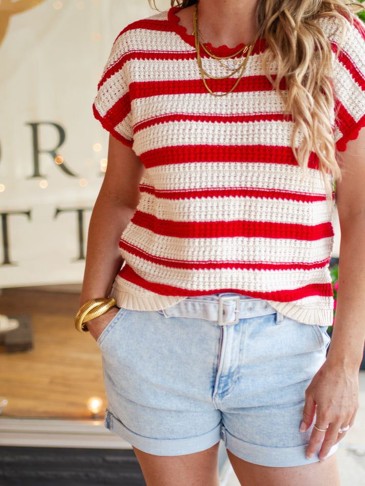 Count On Me Red & Cream Macrame Knit Top