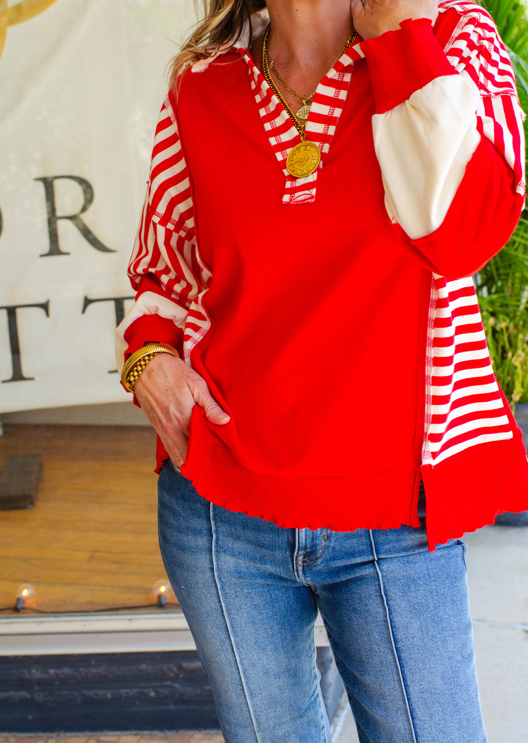 Bold Babe Stripe Trim V-Neck Oversized Top in Red