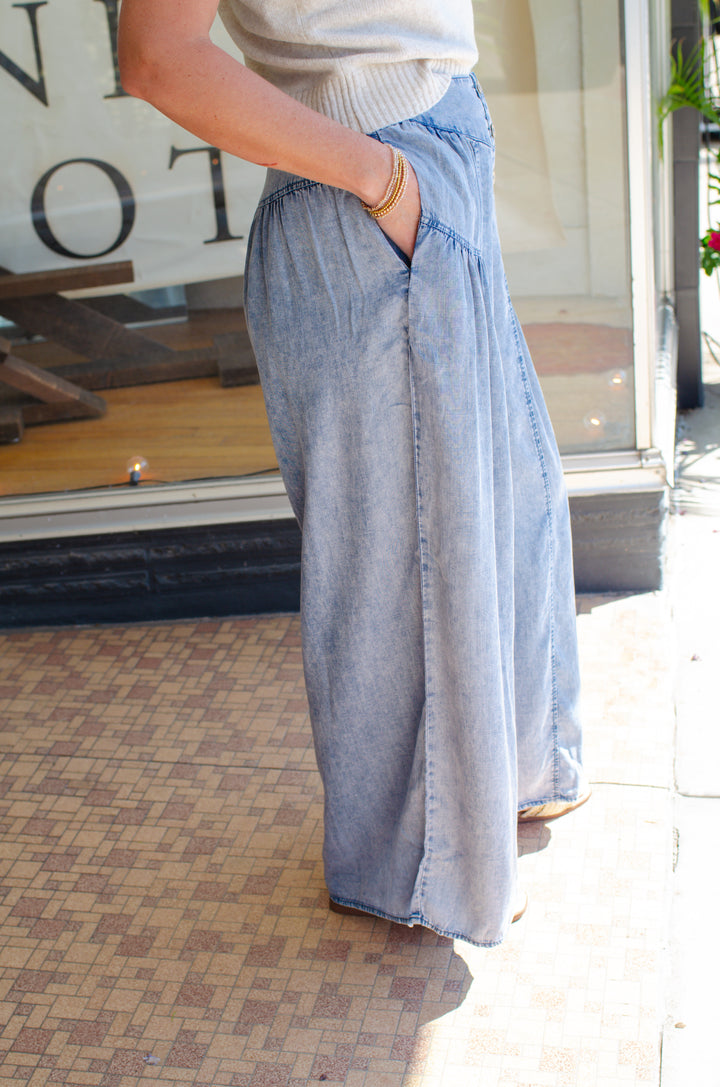 Make A Way Indigo Shirred Wide leg Chambray Pants