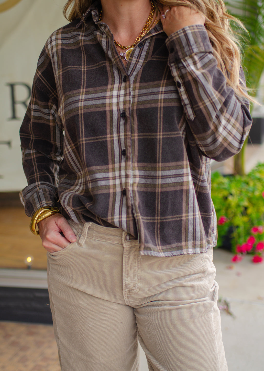 Good Times Plaid Button Down Collared Boxy Long Sleeve Shirt in Brown Mix