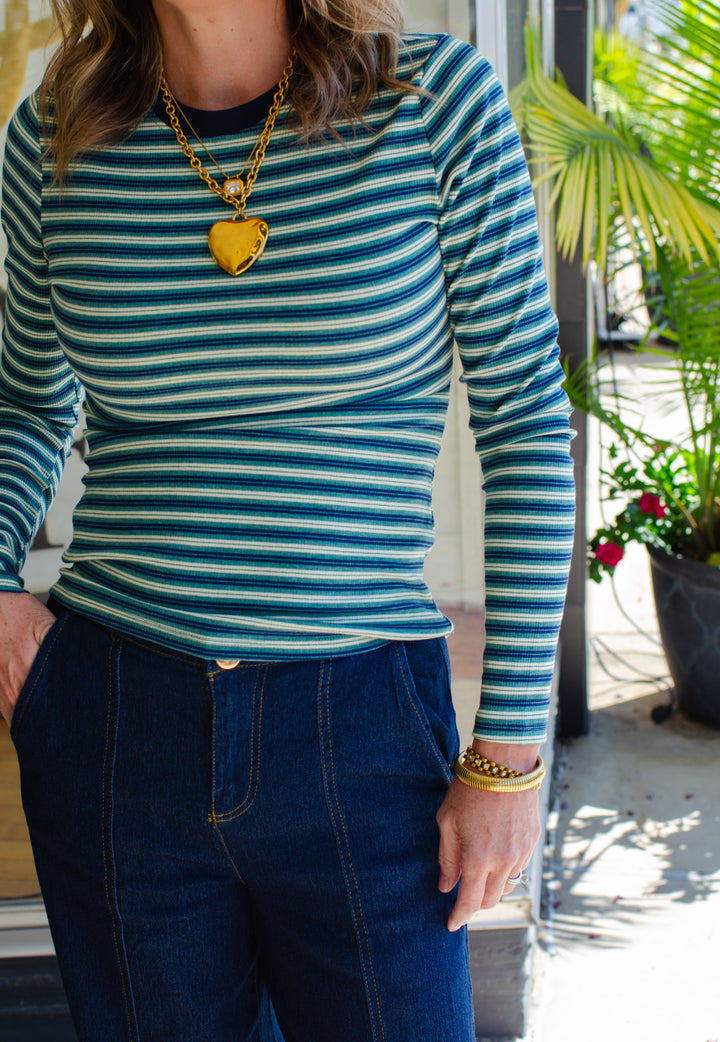 Retro Stripe Fitted Long Sleeve Top in Teal Mix