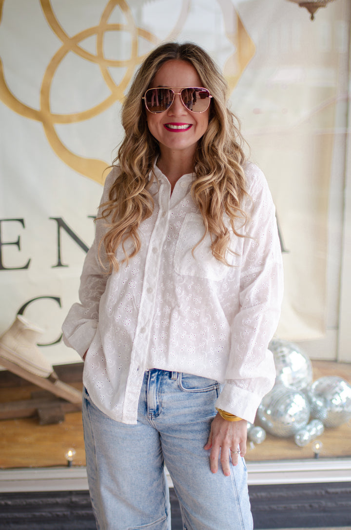 Summer Dreamer Eyelet Button Down Long Sleeve Top in White