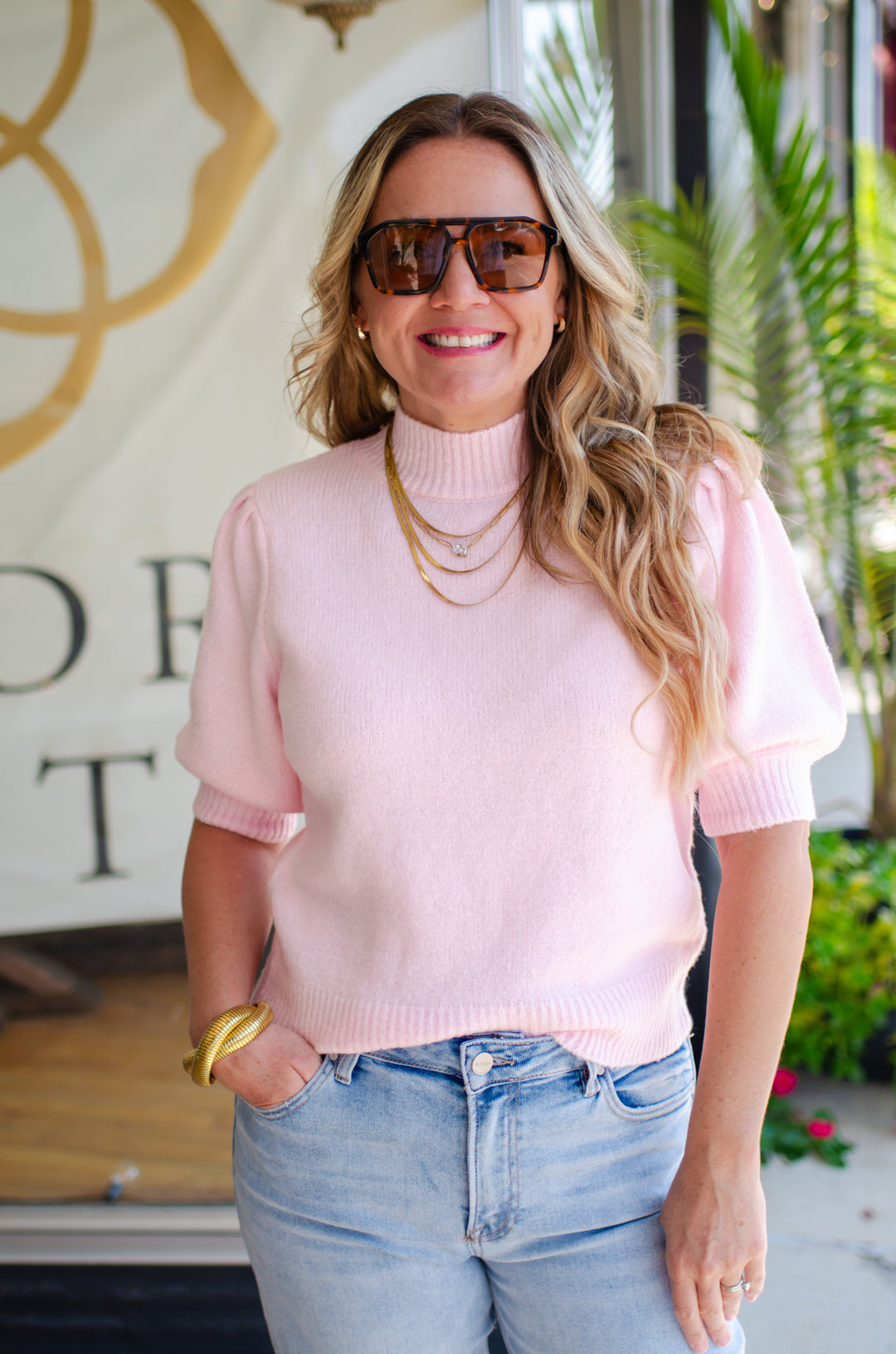 Powder Pink Short Sleeve Ribbed Sweater with Puff Sleeves