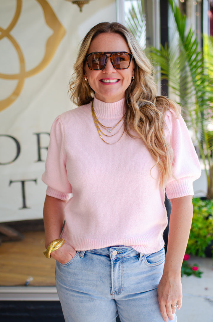 Powder Pink Short Sleeve Ribbed Sweater with Puff Sleeves
