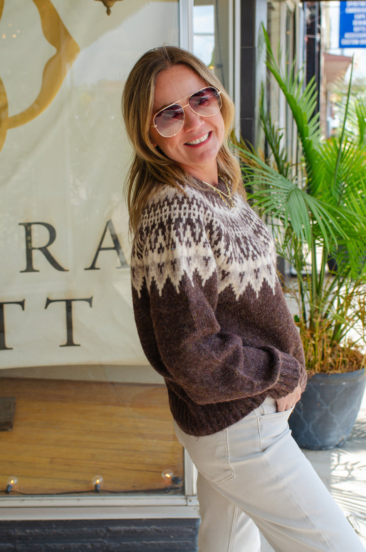 Snow Top Mountain Fair Isle Yoke Sweater in Chocolate