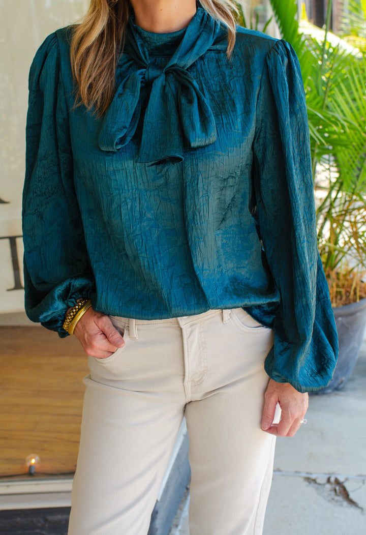 True Heart Bow Neckline Textured Satin Long Sleeve Blouse in Emerald Green