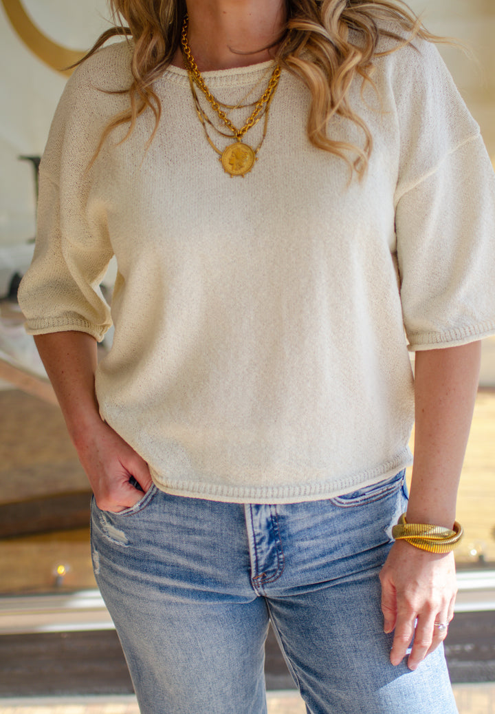 Spring Morning Cozy Knit Drop Shoulder Sweater Top in Cream