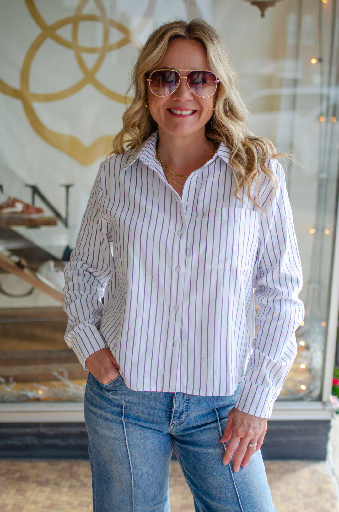 Sophisticated Stripe Button Down Collared White Blouse