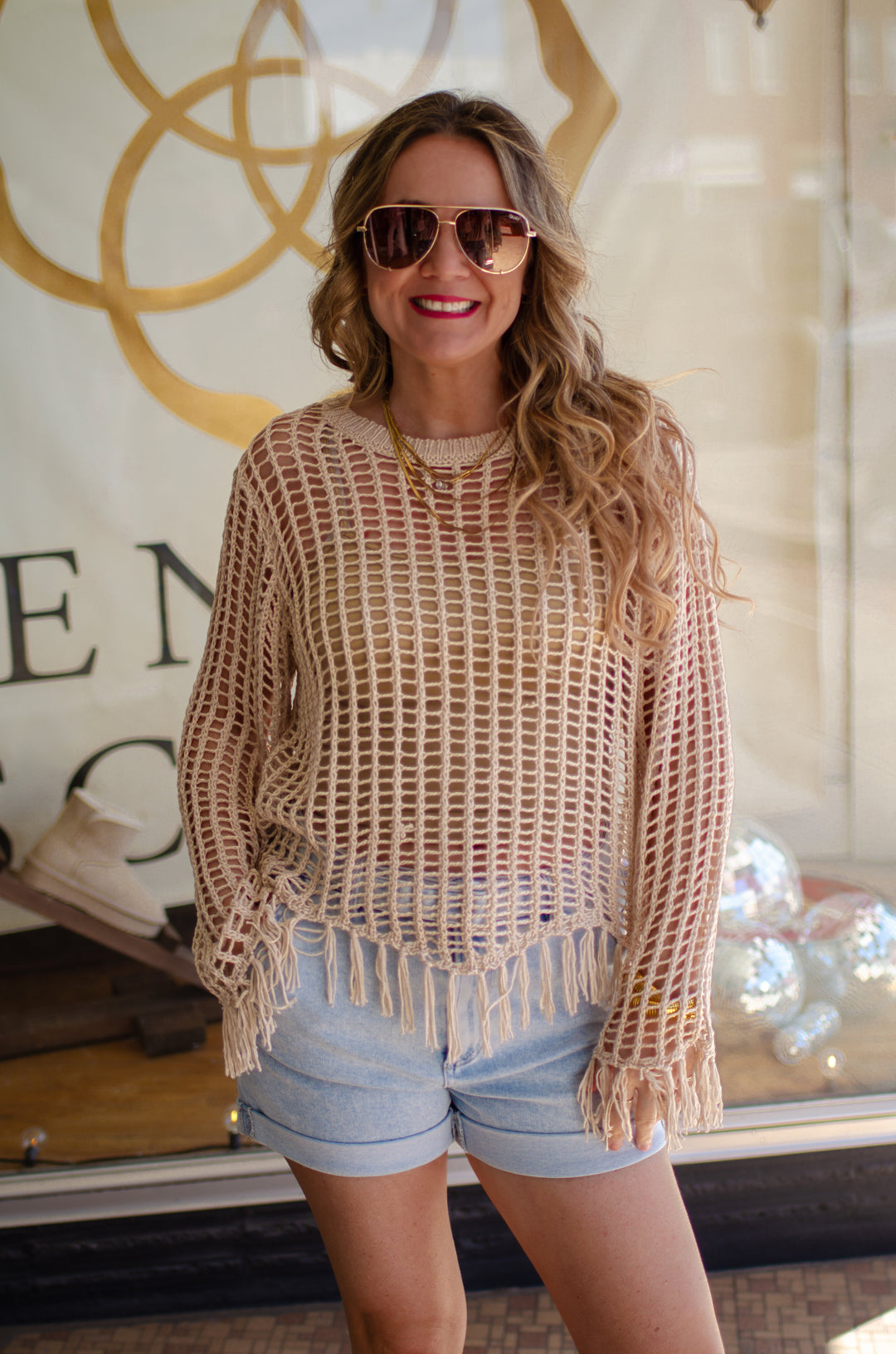 Feeling The Fringe Crochet Knit Long Sleeve Top in Natural