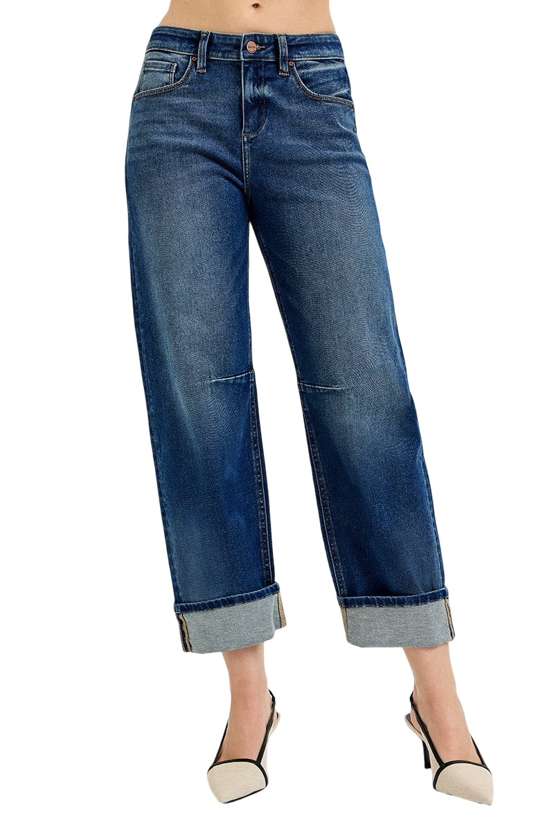 Risen Slouchy Crop Barrel Cuffed Jeans in Dark Wash