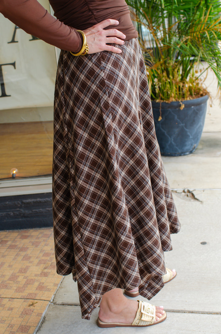 Only Time Will Tell Plaid Midi Skirt in Brown Mix