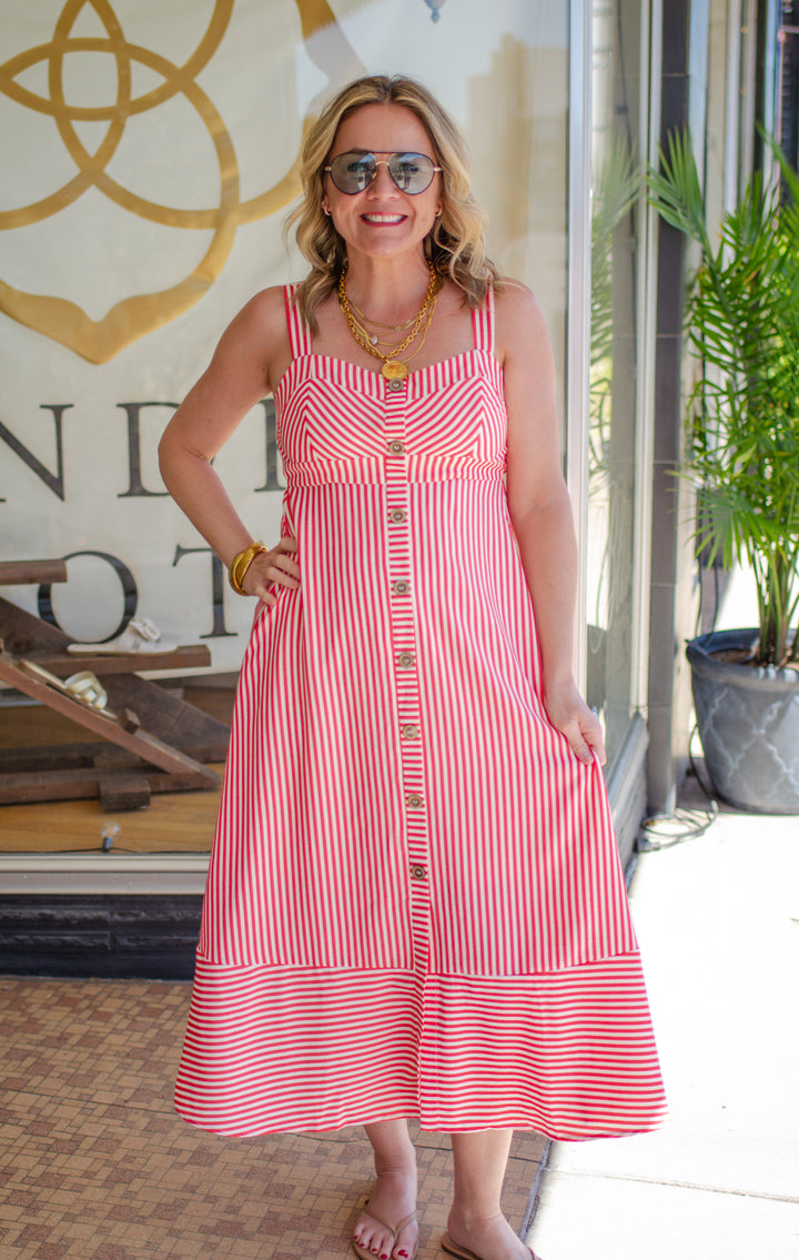One True Love Pinstripe Button Down Dress in Red