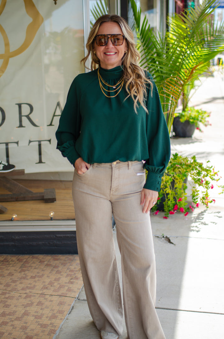 Take Your Time High Necklace Bubble Hem Long Sleeve in Emerald
