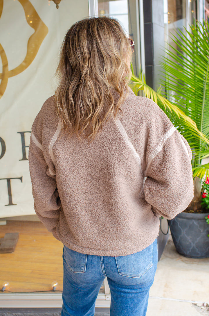 Fall Feels Sherpa Pull Over Long Sleeve 3/4 Zip in Mocha