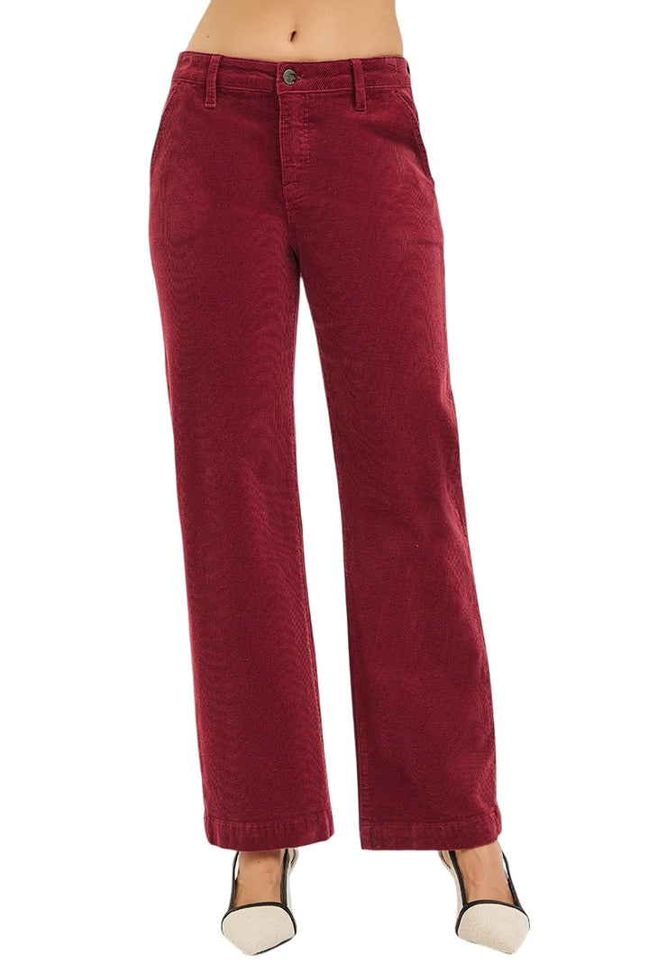 Risen Tummy Control Mid Rise Ankle Straight Leg Corduroy Pants in Wine