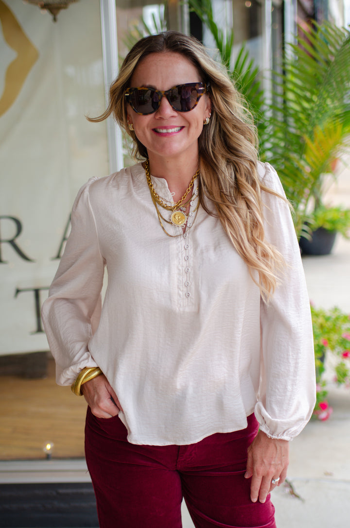 Weekend Romance Silky Button Down Blouse in Champagne