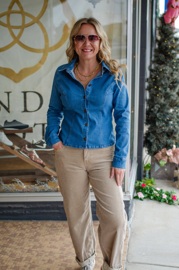 Perfect Denim Fitted Button Down Collared Top in Medium Denim