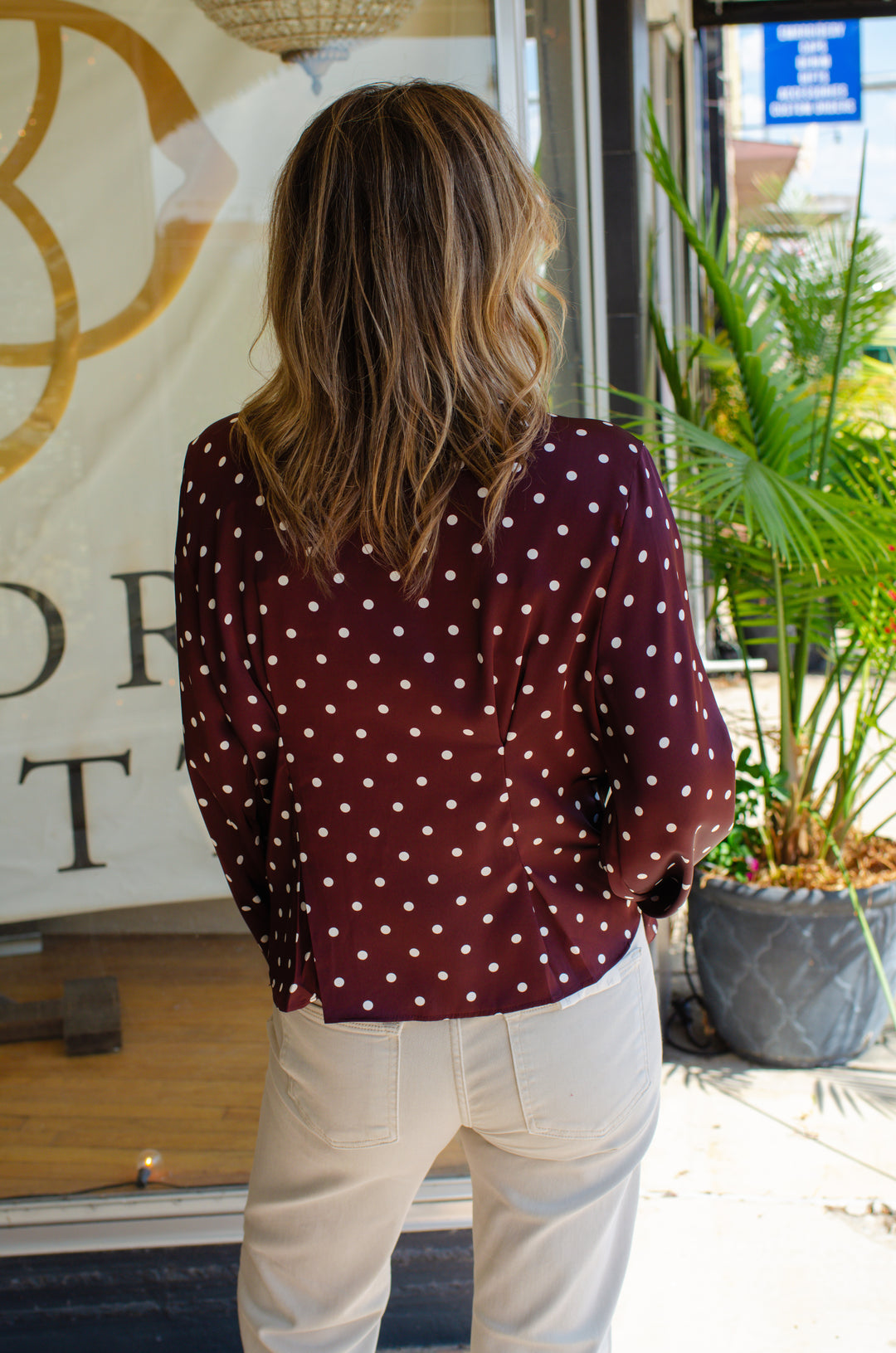 Make Your Mark Polka Dot Tie Neck Long Sleeve Top in Burgundy