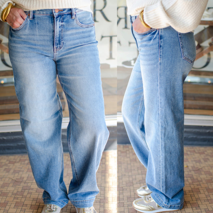 Risen High Rise Baggy Leg Jeans in Medium Wash