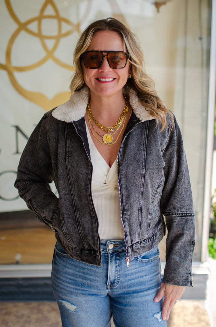 Take My Hand Medium Wash Shearing Denim Jacket in Black Denim