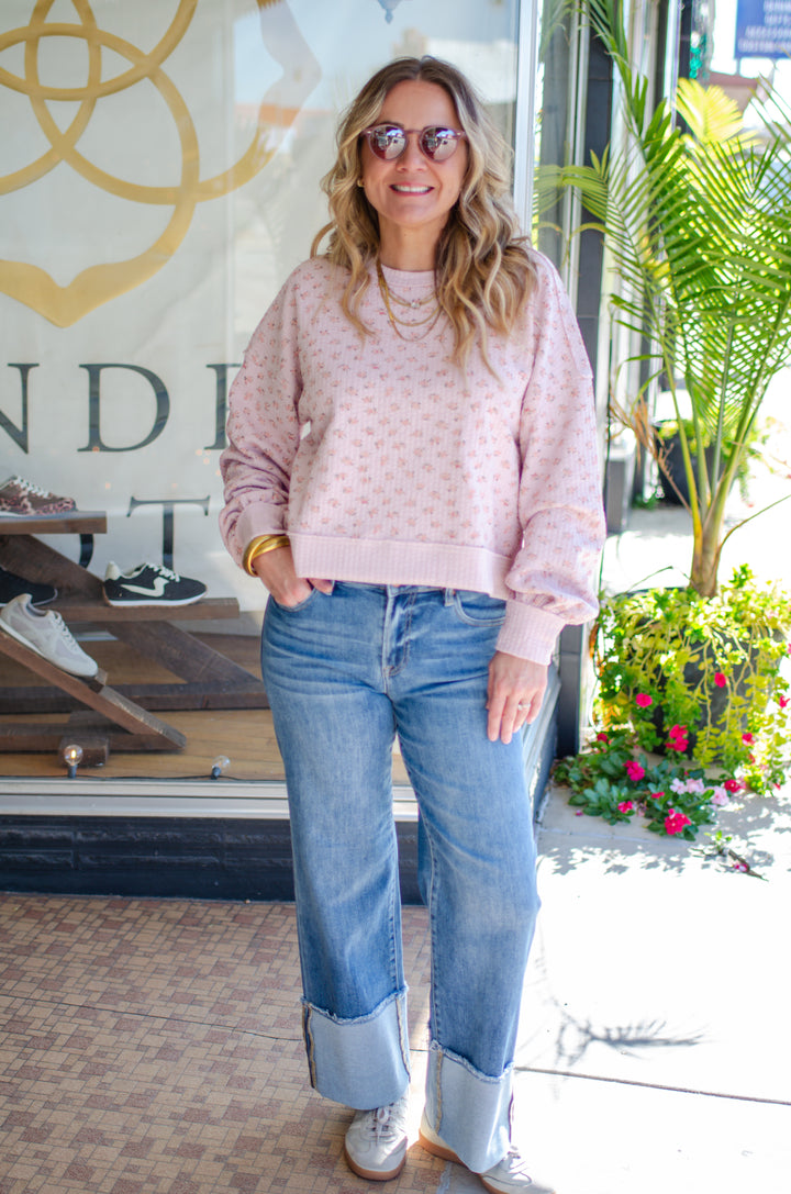 Fall Bouquet Floral Round Neckline Long Sleeve Top in Pink