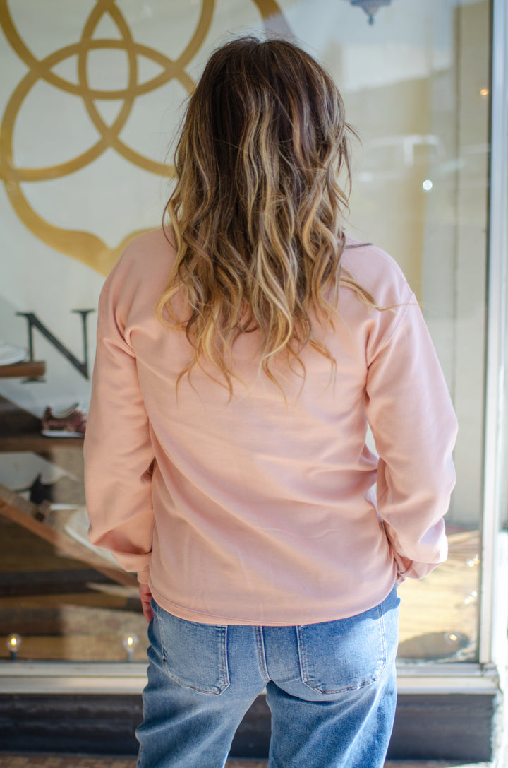 Just A Girl Who Loves Jesus Puff Letter Fleece Sweatshirt in Pink