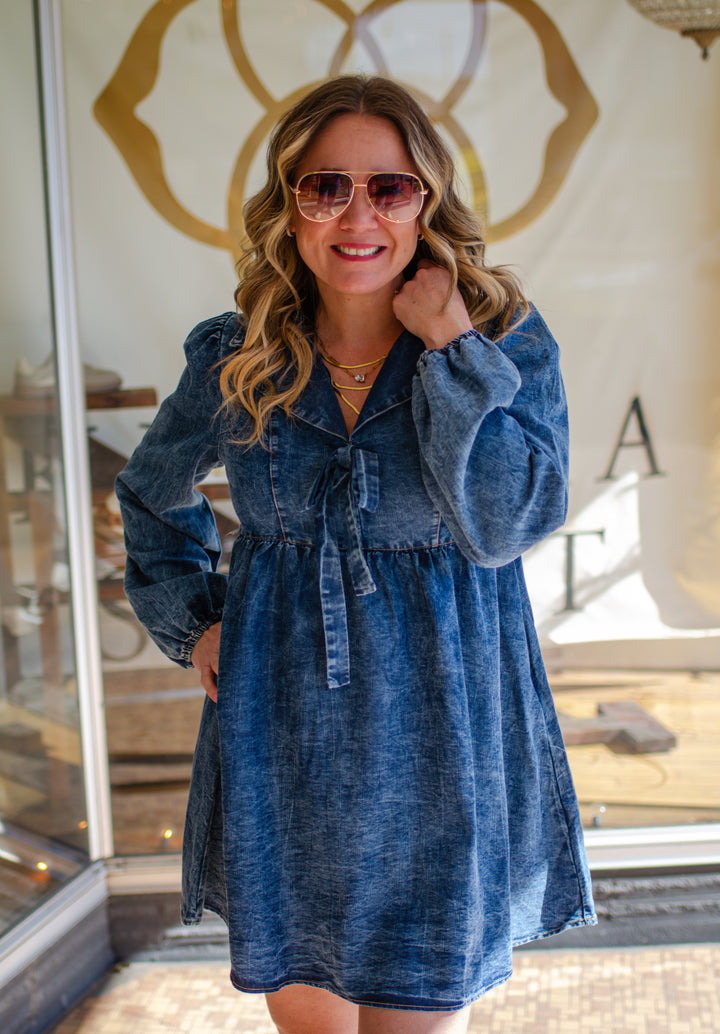Denim Dreamer Bow Front Washed Dark Denim Dress