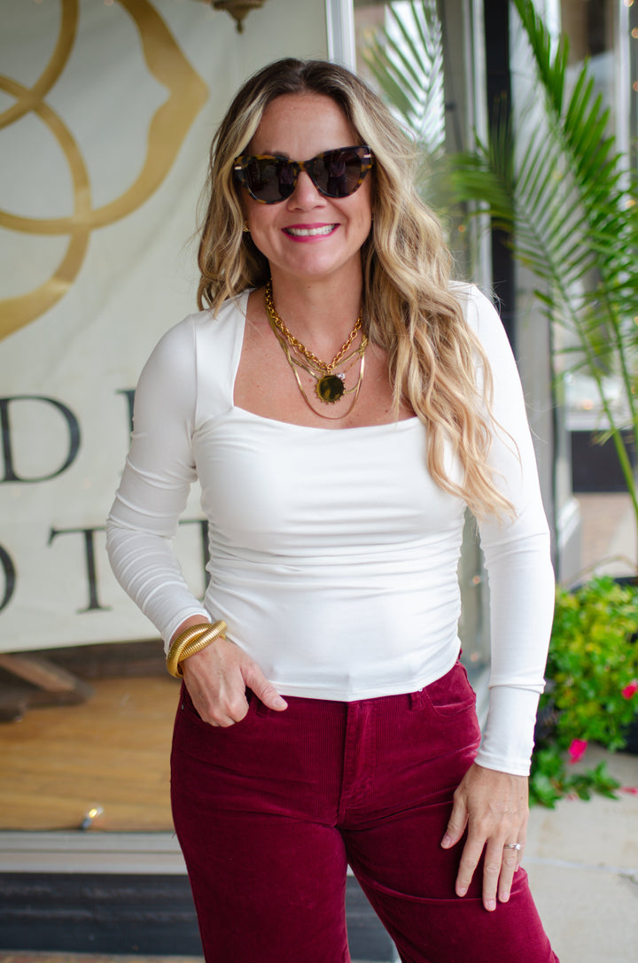 Loving Everyday Square Neckline Long Sleeve Ruched Side Knit Top in Ivory