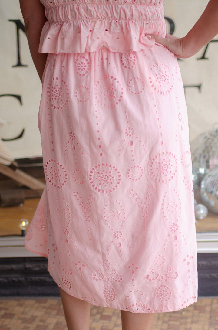 Sweet Summer Eyelet Gathered Waist Tie Front Tank in Pink