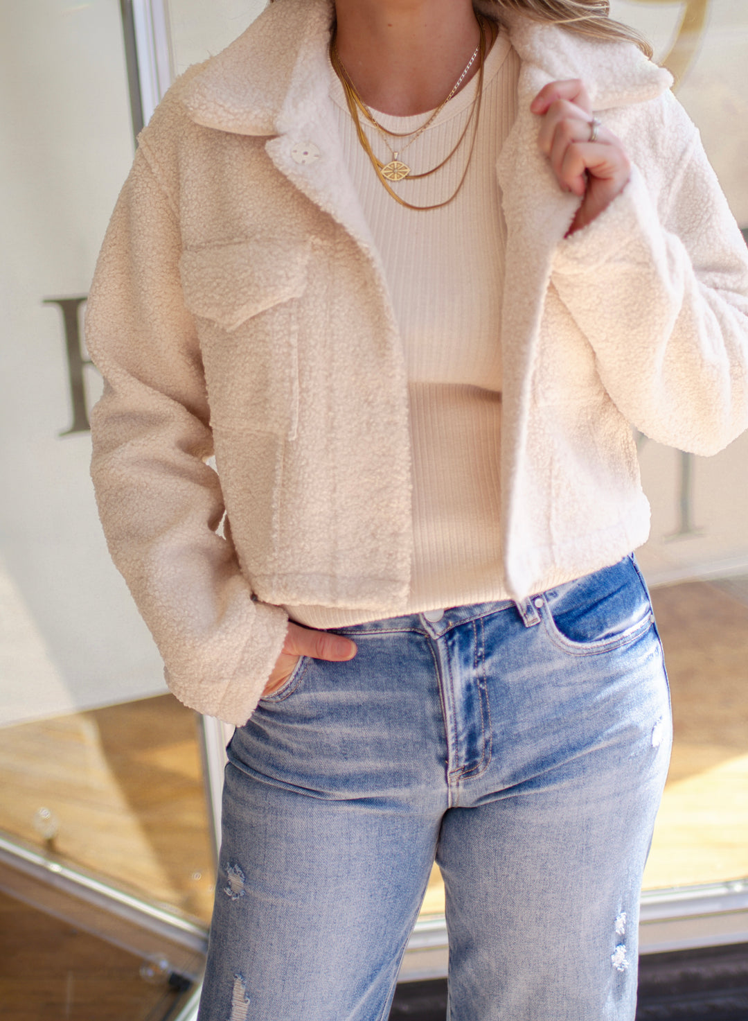 Your Like Home Shearling Cropped Button Front Jacket with Pockets in Cream