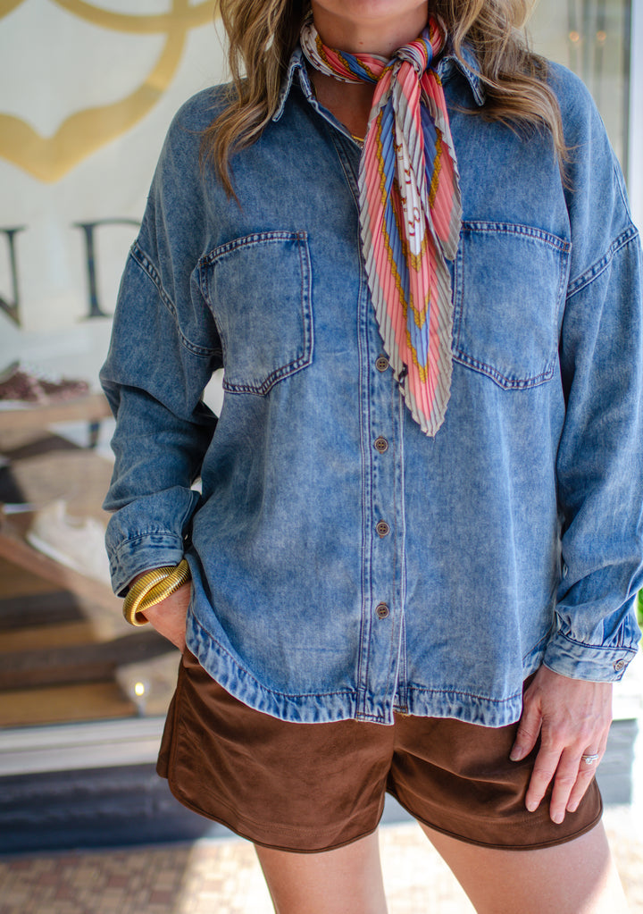Chambray Perfection Button Down Oversized Pocket Long Sleeve Top