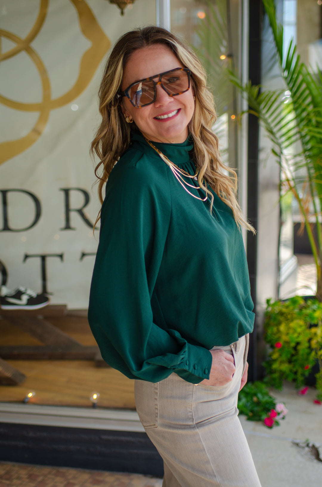 Take Your Time High Necklace Bubble Hem Long Sleeve in Emerald