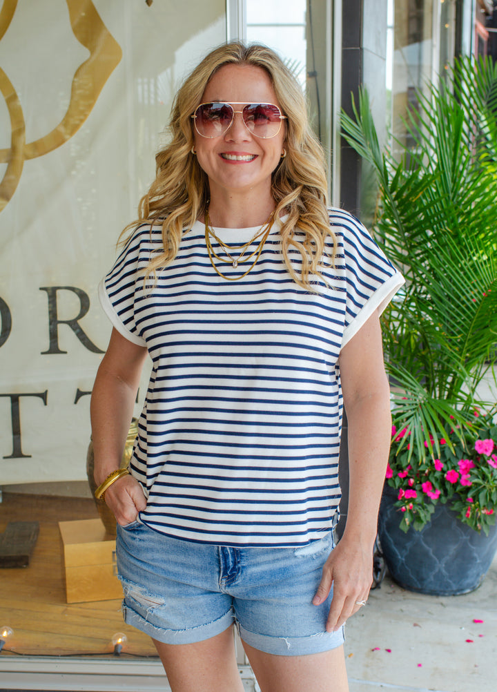 Nautical Navy & White Stripe Round Neckline Top