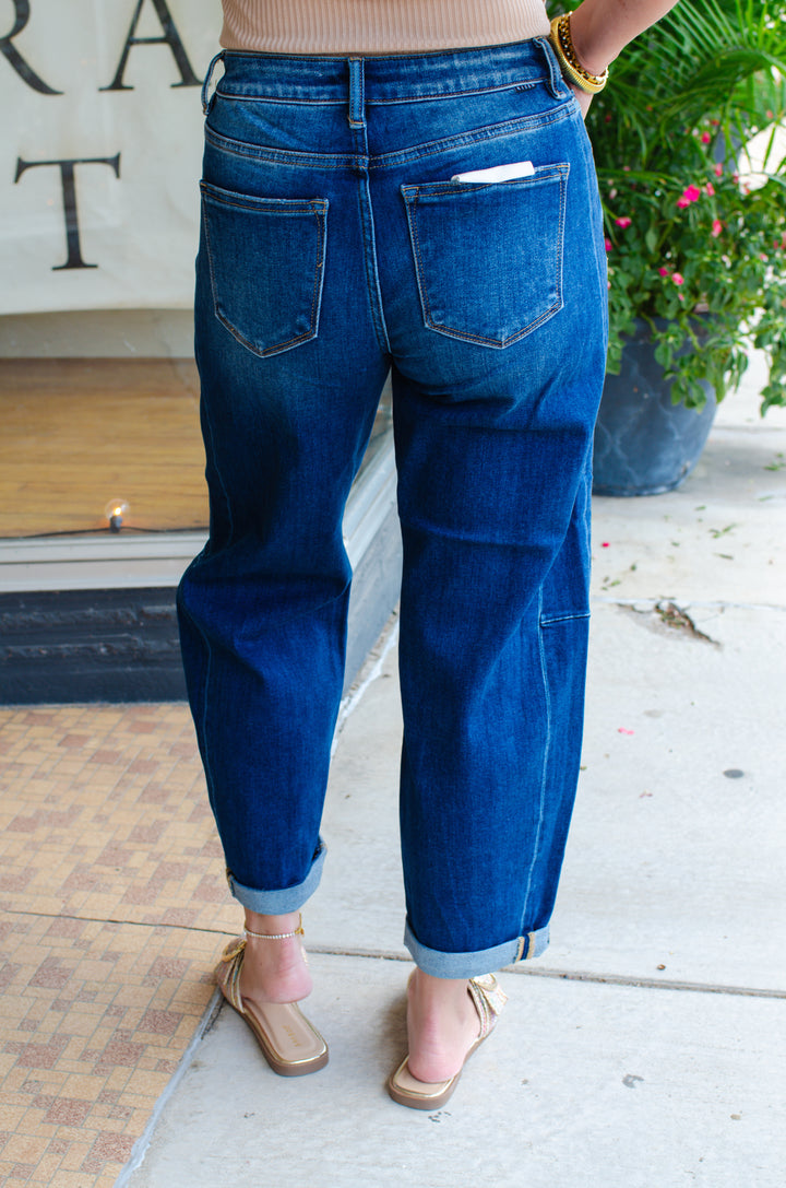 Risen High Rise Barrel Jeans in Dark Wash