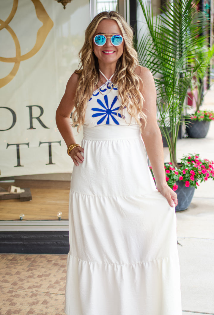 Summer Is Calling Blue Embroidered Halter Maxi Dress
