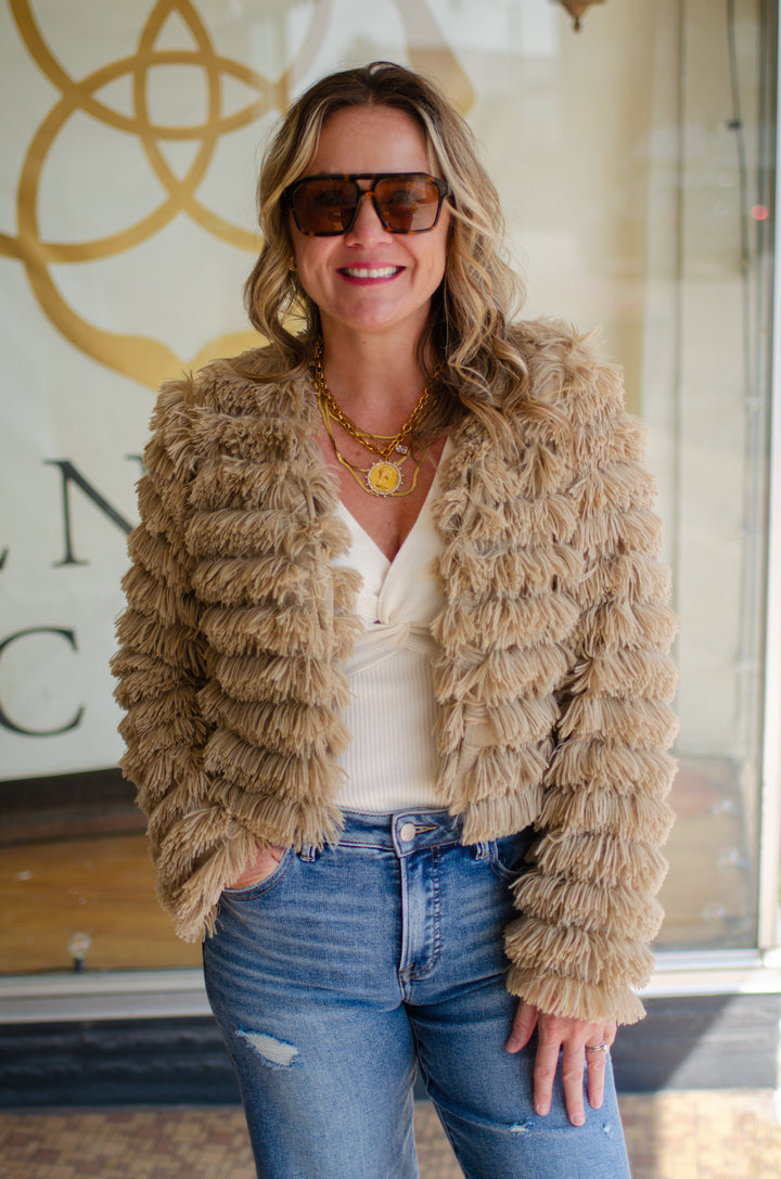 Almost Famous Shag Cropped Jacket in Taupe