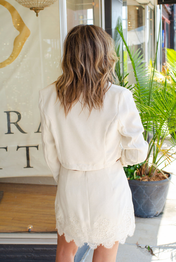 For The Frill Of It Crochet Lace Trim Blazer Top in Cream