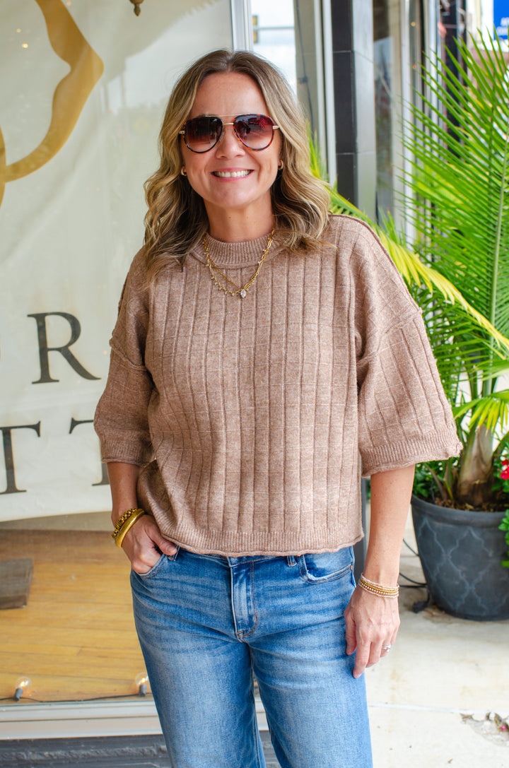 Perfect Fall Short Sleeve Textured Sweater Top in Mocha