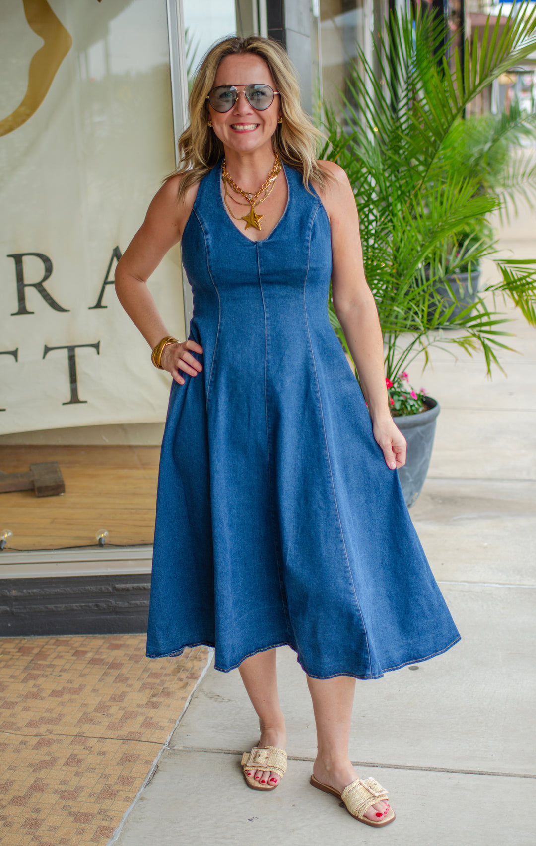 Spin Me Around Denim Swing Halter Dress in Dark Denim